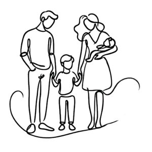 Minimalist single-line illustration of Nina and Bard’s family, with parents holding their son’s hand and the mother cradling a baby.