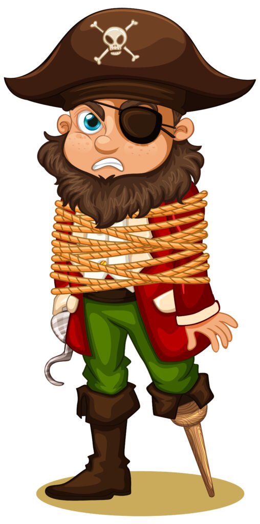 Illustration of a cartoon pirate tied with ropes, featuring a classic pirate hat with a skull, an eyepatch, a hook hand, and a wooden leg. Perfect for inspiring pirate art ideas for kids.