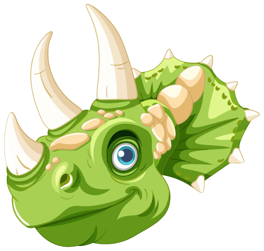  A cheerful cartoon Triceratops with large horns and a green frill, perfect for a dino silhouette coloring page for kids