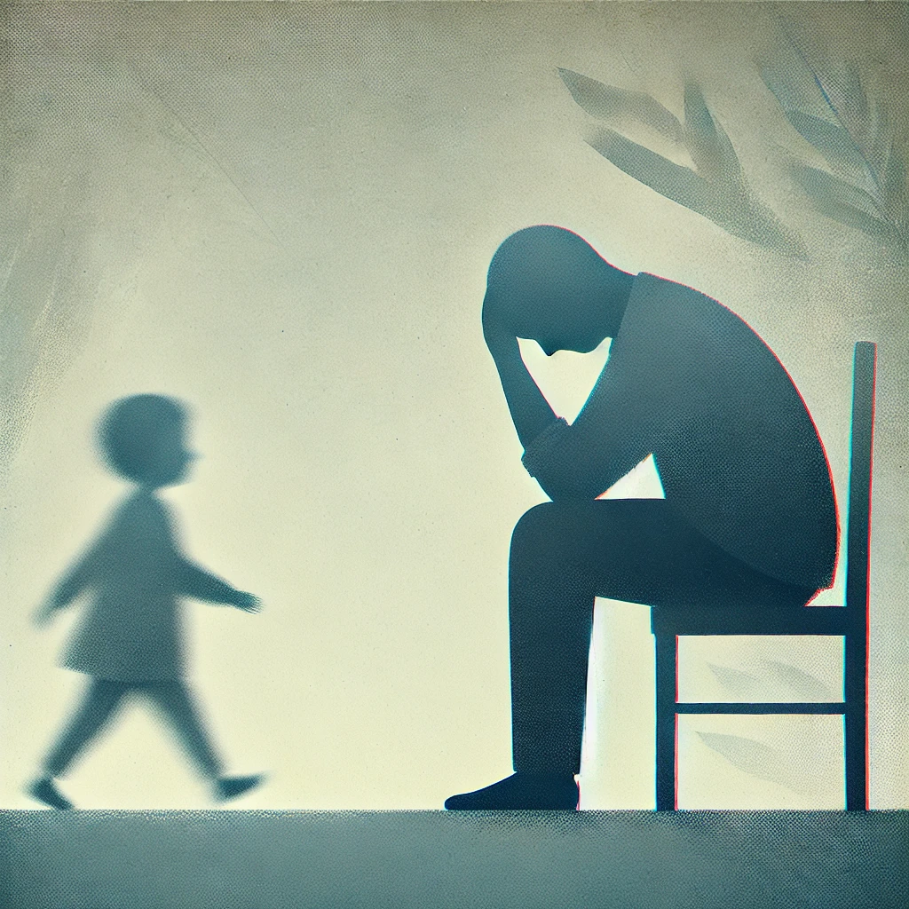 Blurred silhouettes of a child in the background and an overwhelmed parent sitting on a chair, symbolizing the emotional toll of parentification trauma.