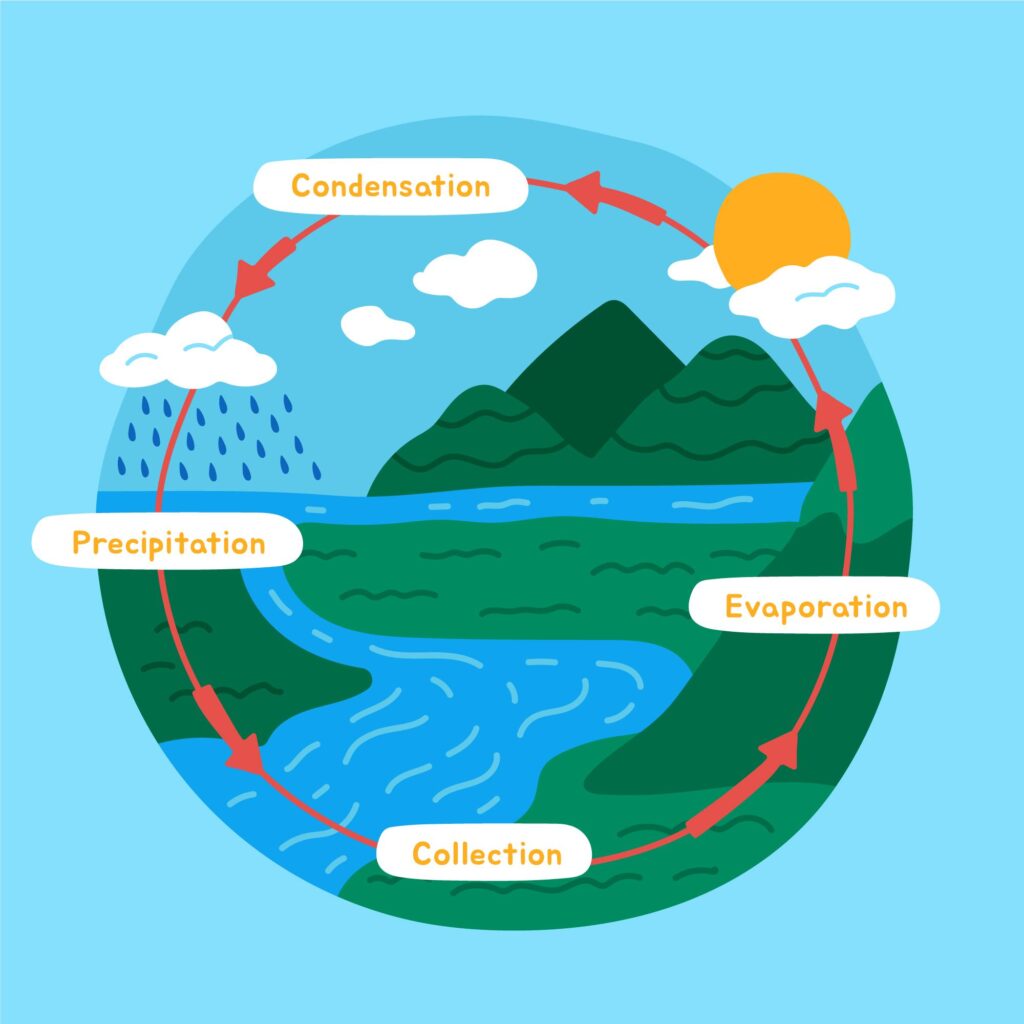 Colorful illustration of the water cycle showing evaporation, condensation, precipitation, and collection with mountains, rivers, and the sun.