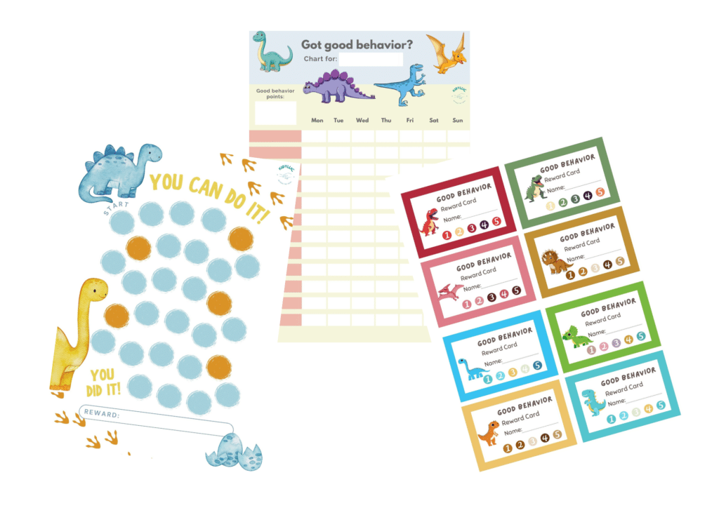 A set of downloadable Behavior Chart resources featuring a dinosaur theme, including a weekly tracking chart, a motivational progress board, and colorful reward cards to encourage positive behavior in children.