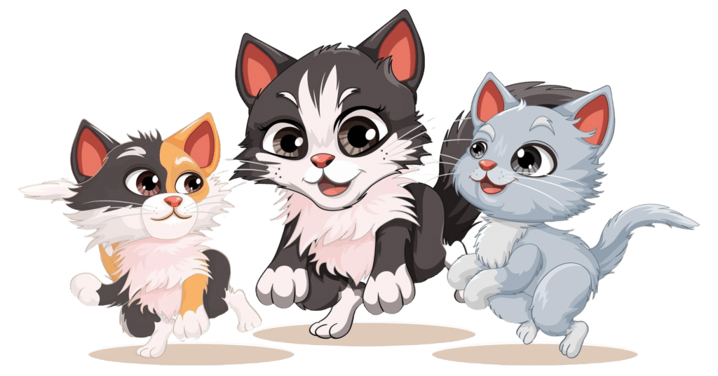 Three colorful cartoon kittens featuring playful expressions, perfect for a creative cats coloring page activity for children of all ages.