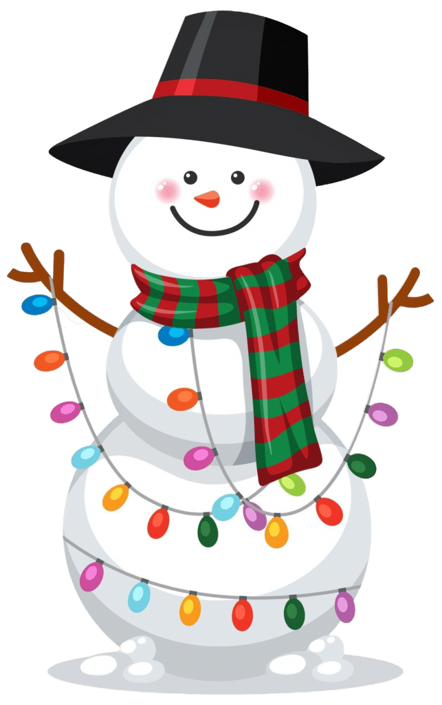 Cheerful snowman with a black hat, red and green striped scarf, and colorful Christmas lights wrapped around it, perfect for a winter activities coloring page.